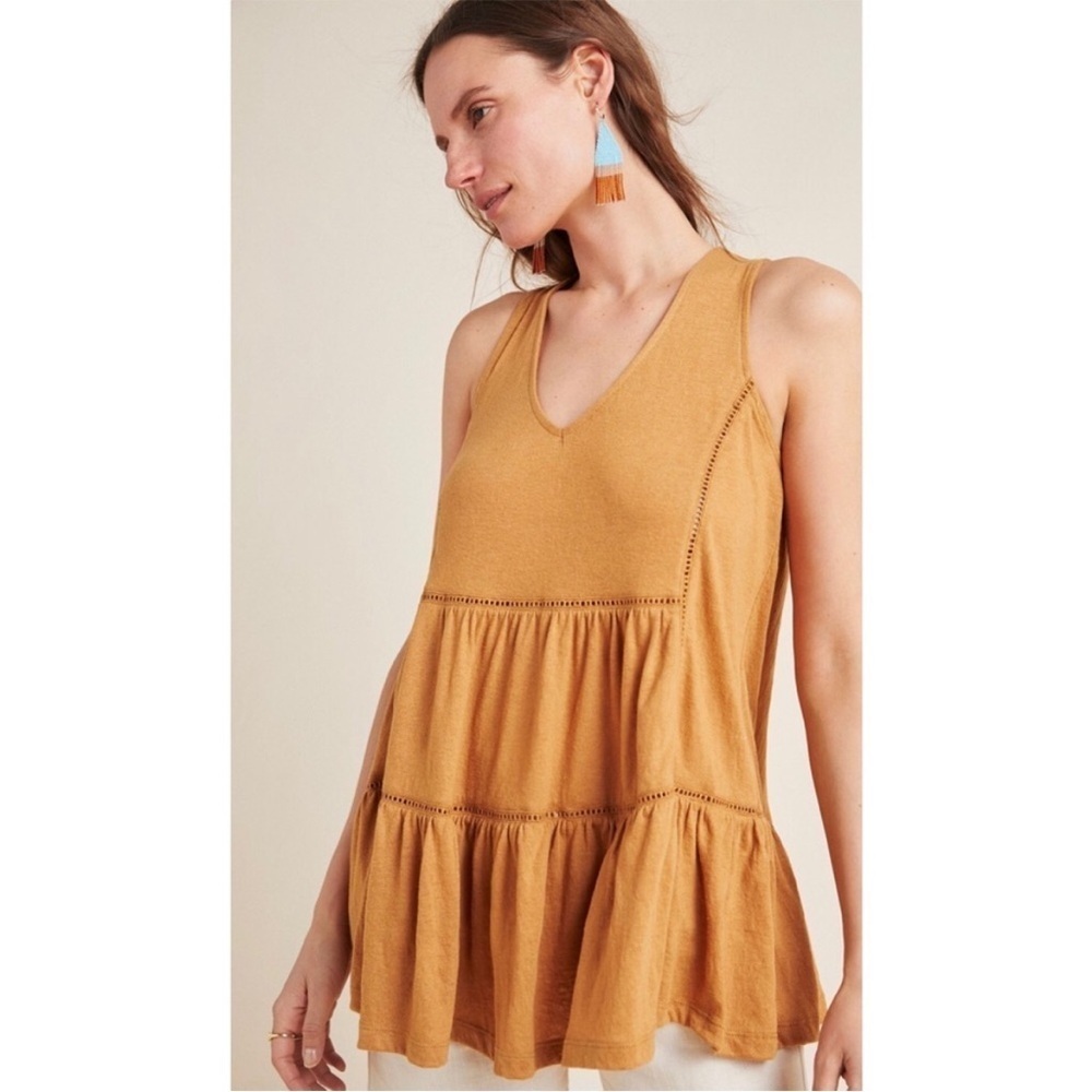 Anthropologie Malaga Tunic Top Tank Ochre Eyelet Blouse Gold Sleeveless Fall XS
